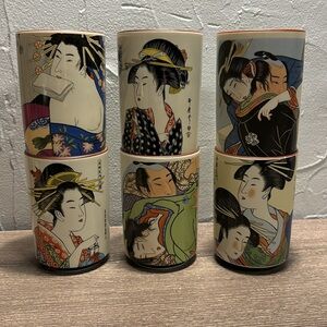 Rare Vintage Porcelain Japanese Geisha Tea Sake Drink Cups Mug Set of Six 1970s